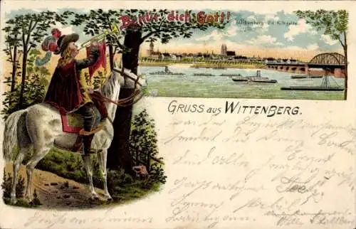 Litho Lutherstadt Wittenberg, Panorama an der Elbseite, Trompeter von Säckingen, Behüt dich Gott