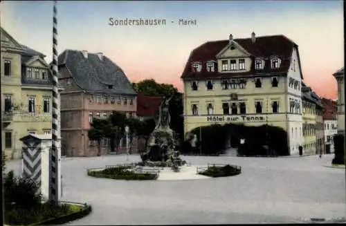 Ak Sondershausen im Kyffhäuserkreis Thüringen, Markt, Denkmal, Hotel zur Tanne