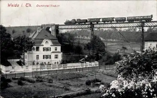 Ak Weida in Thüringen, Oschütztal-Viadukt, Dampflok