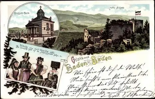 Litho Baden Baden am Schwarzwald, Altes Schloss, griechische Kapelle, Frauen in Trachten