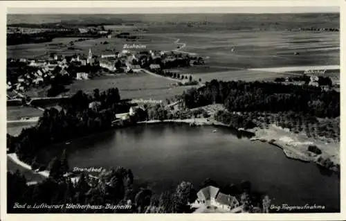 Ak Buxheim in Schwaben, Weiherhaus, Strandbad, Bahnhof, Fliegeraufnahme