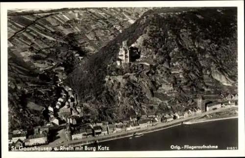 Ak St. Goarshausen am Rhein, Burg Katz, Fliegeraufnahme