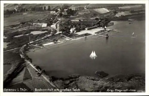 Ak Ilmenau in Thüringen,Fliegeraufnahme, Badeanstalt, Großer Teich