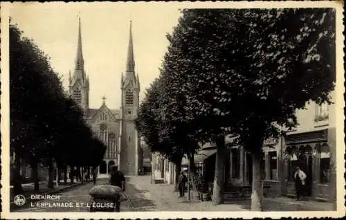 Postkarte Diekirch Luxemburg, Esplanade und die Kirche