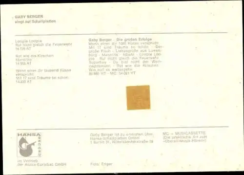 Ak Sängerin Gaby Berger, Portrait, Autogramm