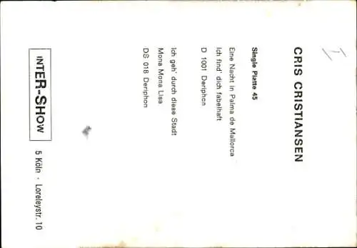 Ak Sänger Cris Cristiansen, Portrait, Autogramm