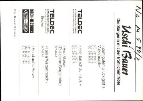 Ak Sängerin Uschi Bauer, Portrait, Autogramm