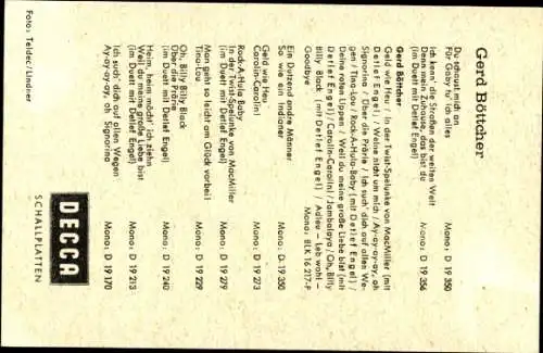 Ak Sänger Gerd Böttcher, Portrait, Decca Schallplatten, Autogramm