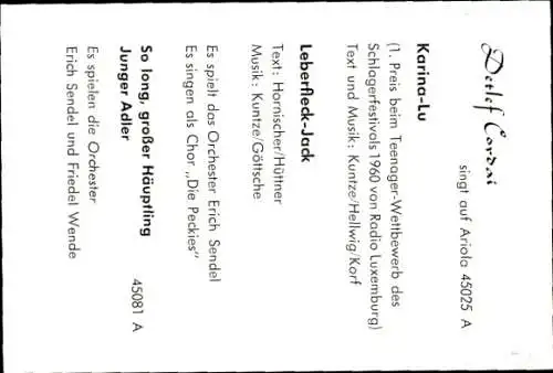 Ak Sänger Detlef Cordai, Portrait, Ariola Schallplatten, Autogramm