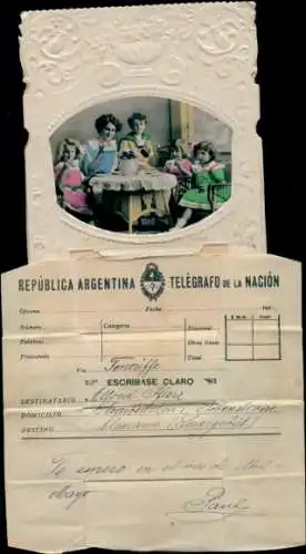 Klapp Passepartout Ak Argentinien, Frau und Kinder am Tisch, Telegramm