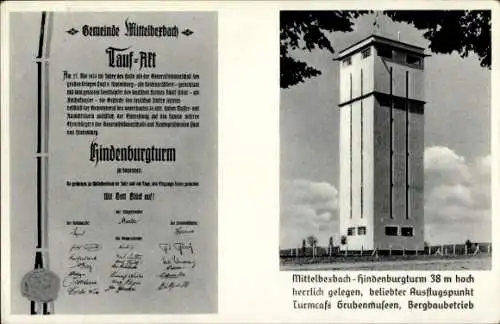 Ak Mittelbexbach Bexbach im Saarland, Hindenburgturm, Taufurkunde