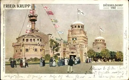 Ak Düsseldorf, Gewerbeausstellung 1902, Pavillon Fried. Krupp, Flaggen aller Nationen