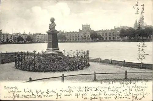 Ak Schwerin in Mecklenburg, Schliemann-Denkmal, Arsenal, St. Paulskirche