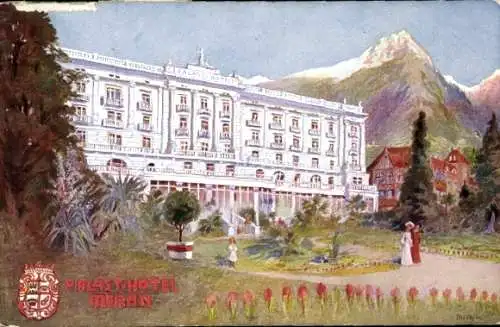 Künstler Ak Meran Merano Südtirol, Palast Hotel, Promenade