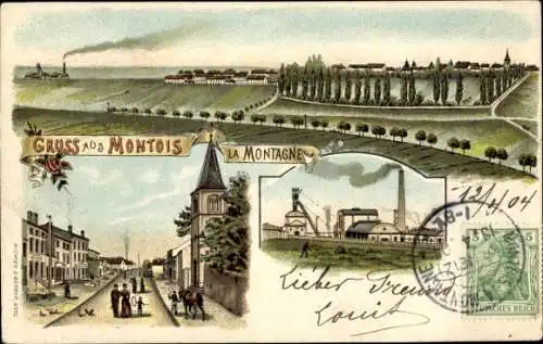 Litho Montois la Montagne Meurthe et Moselle, Gesamtansicht, Fabrik, Passanten, Turm