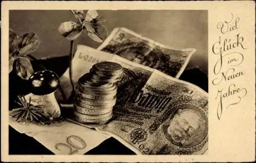 Ak Glückwunsch Neujahr, Geldscheine, Münzen, Pilze