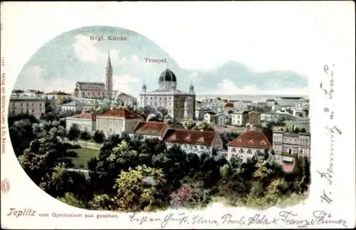 Ak Teplice Šanov Teplitz Schönau Region Aussig, Gesamtansicht, Evangelische Kirche, Tempel