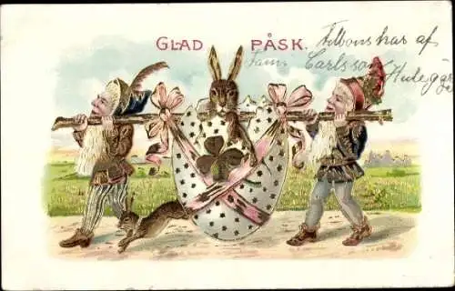 Litho Glückwunsch Ostern, Osterhase im Ei, Zwerge, Glücksklee