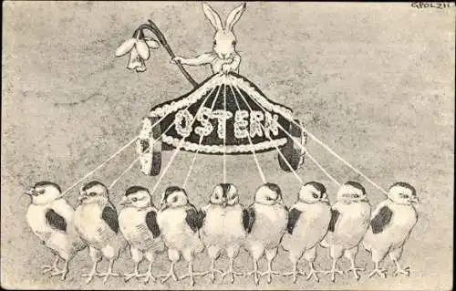 Künstler Ak Polzii, G., Glückwunsch Ostern, Osterhase, Küken ziehen einen Wagen