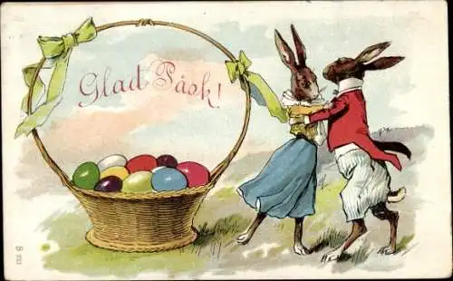 Litho Glückwunsch Ostern, Tanzende Osterhasen, Ostereierkorb