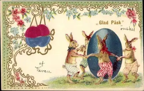 Stoff Präge Litho Glückwunsch Ostern, Osterhasen tanzen um Ei herum