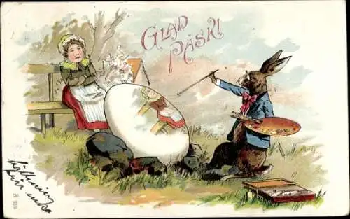 Litho Glückwunsch Ostern, Osterhase bemalt ein Ei, Maler