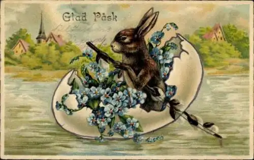 Präge Ak Glückwunsch Ostern, Osterhase in Eierschale, Vergissmeinnicht, Weidenkätzchen