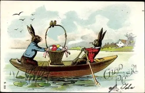 Litho Glückwunsch Ostern, Osterhasen im Ruderboot, Ostereier, Korb