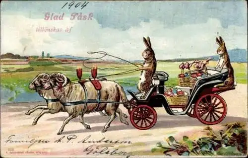 Litho Glückwunsch Ostern, Hammel ziehen eine Kutsche, Hasen, Ostereier