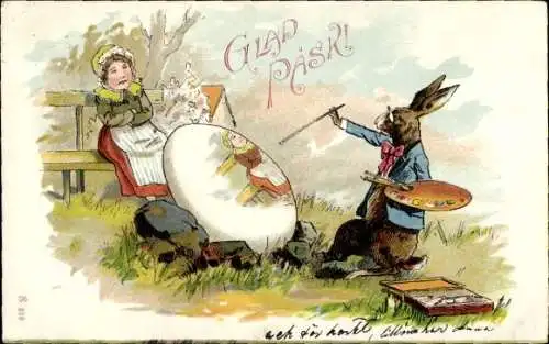 Litho Glückwunsch Ostern, Osterhase bemalt ein Ei, Maler