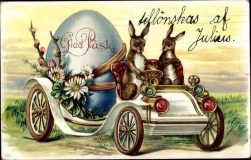 Präge Litho Glückwunsch Ostern, Zwei Hasen in Automobil, Osterei