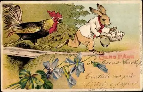 Litho Glückwunsch Ostern, Osterhase, Ostereier, Hahn, Diebstahl