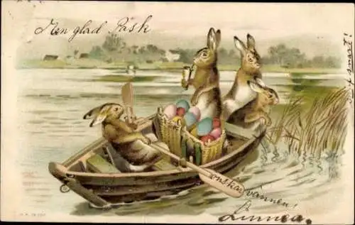 Litho Glückwunsch Ostern, Osterhasen im Ruderboot, Ostereier