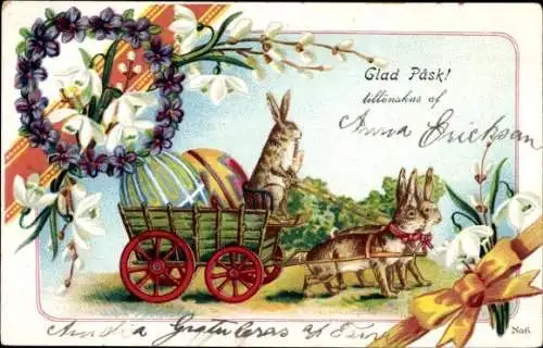 Litho Glückwunsch Ostern, Fuhrwerk, Osterhasen, Ostereier, Blumen, Schneeglocken