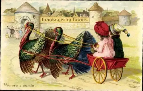 Präge Ak Glückwunsch Thanksgiving, Truthühner ziehen einen Wagen, Kinder