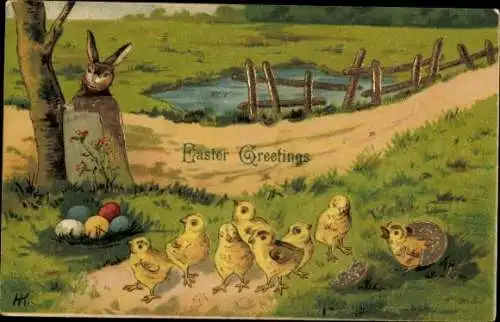 Präge Künstler Ak Glückwunsch Ostern, Küken, Ostereier, Osterhase