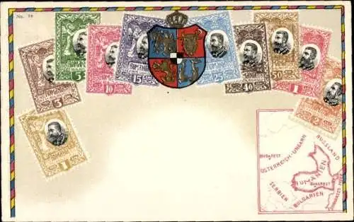 Briefmarken Wappen Ak Rumänien, Serbien, Bulgarien, Russland