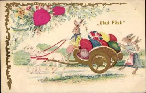 Stoff Präge Litho Glückwunsch Ostern, Osterhasen, Fuhrwerk, Ostereier, Lämmer