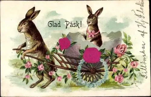 Stoff Präge Litho Glückwunsch Ostern, Osterhase, Blumen, Eierschale