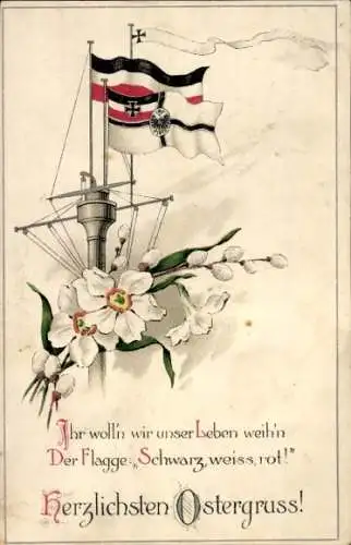 Ak Glückwunsch Ostern, Fahnen, Kriegsschiff, Blumen