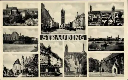 Ak Straubing an der Donau Niederbayern, Teilansicht, Jakobsbrunnen, St. Peter, Schlossplatz