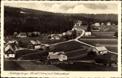 Ak Fleckl Warmensteinach Oberfranken Bayern, Blick auf die Ortschaft mit Ochsenkopf