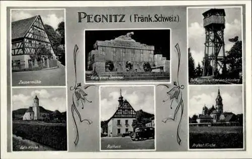 Ak Pegnitz in Oberfranken, Gefallenendenkmal, Aussichtsturm, Rathaus, Zausermühle, Kirchen