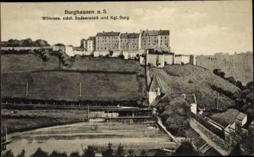 Ak Burghausen an der Salzach Oberbayern, Wöhrsee, städtische Badeanstalt, königliche Burg