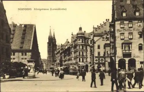 Ak Nürnberg in Mittelfranken, Königstraße, Lorenzkirche, Straßenbahn, Litfaßsäule