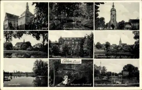 Ak Lübben im Spreewald, Teilansichten, Markt, Kirche, Hain, Brücke, Tracht, Hafen, Jugendherberge