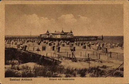 Ak Ostseebad Ahlbeck auf Usedom, Strand, Seebrücke