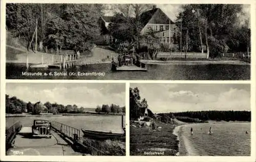 Ak Missunde an der Schlei Kosel, Gaststätte A. Seemann, Fähre, Badestrand