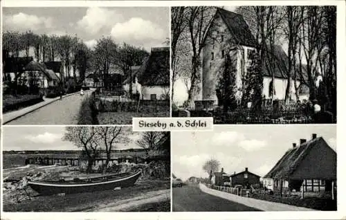 Ak Sieseby Thumby in Schleswig Holstein, Teilansicht, Kirche, Boot am Ufer