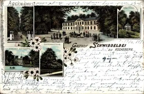 Litho Ascheberg in Schleswig Holstein, Schloss Ascheberg, Riesenkastanie, Hotel Schwiddeldei